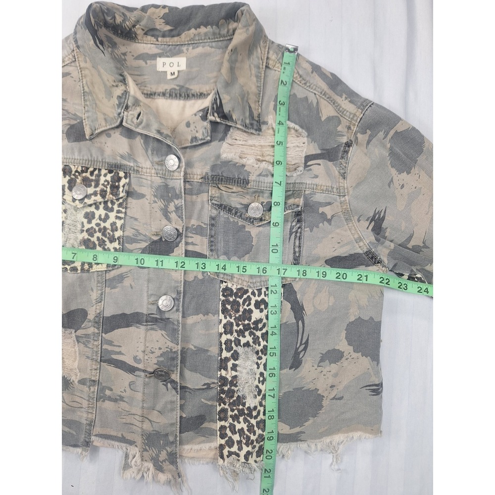 POL Womens Camo Leopard Print Distressed Denim Jacket Gray Size Medium - Picture 5 of 7